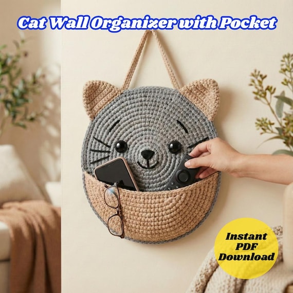 Crochet Wall Hanging Pattern PDF | Cat Wall Organizer with Pocket | Hanging Crochet Wall Decor | Beginner Friendly Crochet Pattern