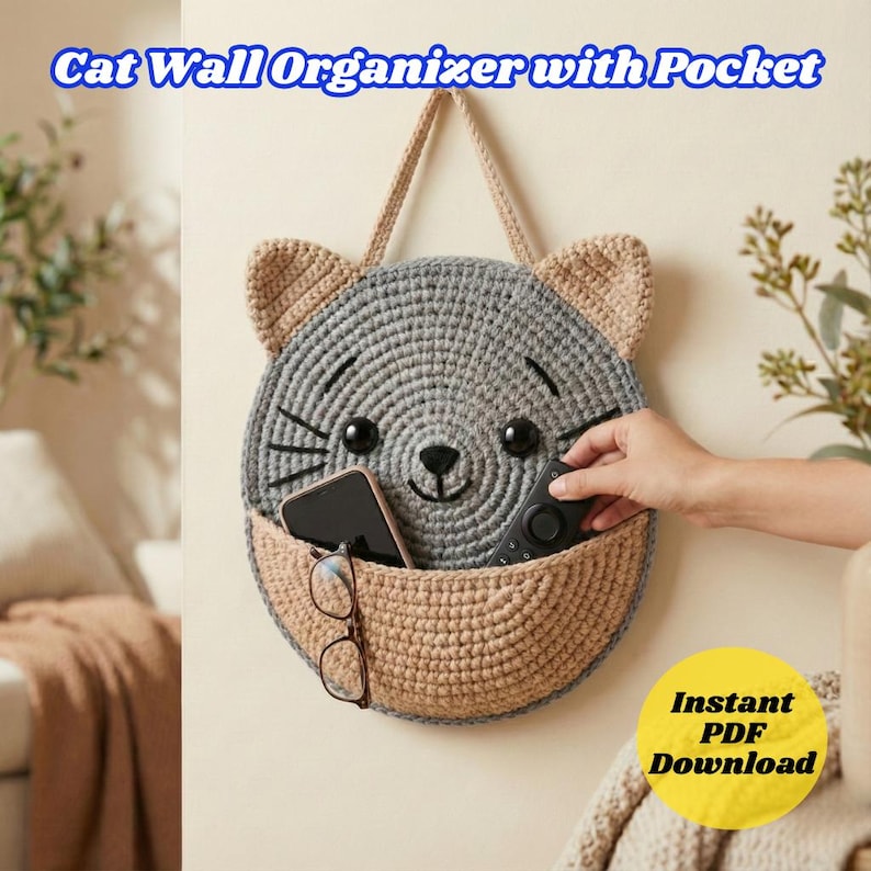 Wandbehang Häkelanleitung PDF | Katzen Wand Organizer mit Tasche | Hängendes Häkel-Wand-Dekor | Anfängerfreundliche Häkelanleitung Bild 1