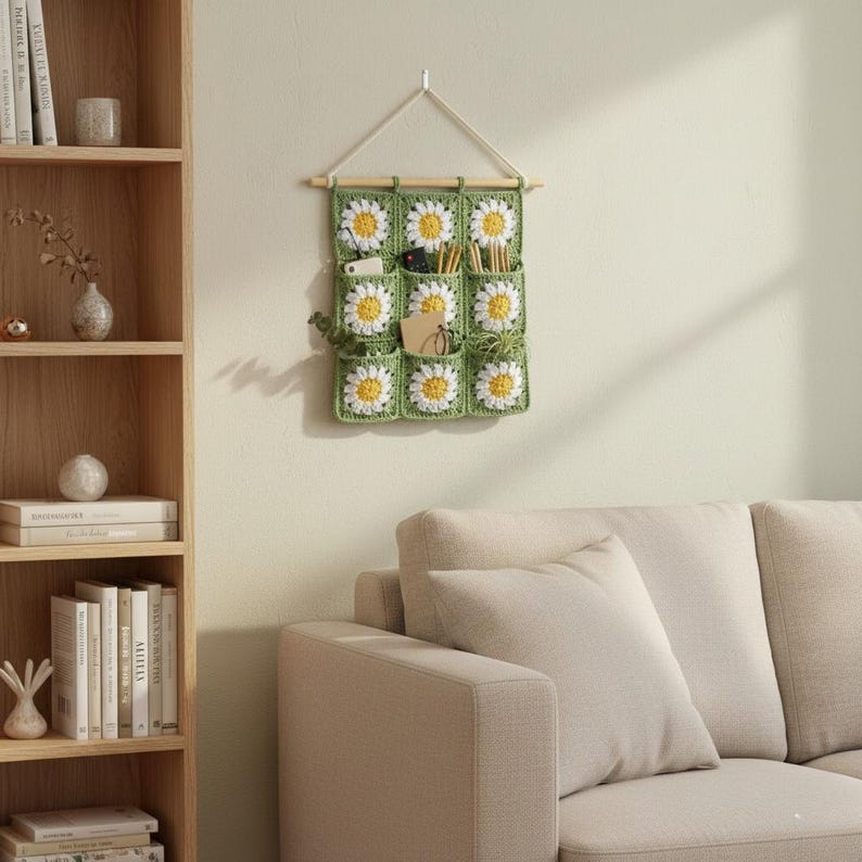 Daisy Crochet Wall Hanging Pattern PDF, Granny Square Organizer, Boho Wall Storage, Hanging Pocket Organizer Pattern, Instant Download PDF image 4
