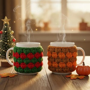 May include: Two white ceramic mugs with steam rising, each wrapped in a crocheted cozy. One cozy is green with red accents, the other is brown and orange. A small pumpkin and a miniature Christmas tree are in the background.