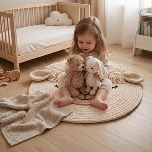 Puede incluir: Un ni&ntilde;o est&aacute; sentado en una alfombra redonda color crema con un dise&ntilde;o de cara de oveja, sosteniendo un oso de peluche marr&oacute;n y un conejito blanco. Una manta color crema est&aacute; sobre el suelo. Una cuna de madera y juguetes est&aacute;n en el fondo.