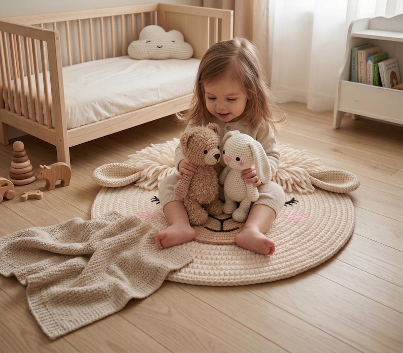 Puede incluir: Un ni&ntilde;o est&aacute; sentado en una alfombra redonda color crema con un dise&ntilde;o de cara de oveja, sosteniendo un oso de peluche marr&oacute;n y un conejito blanco. Una manta color crema est&aacute; sobre el suelo. Una cuna de madera y juguetes est&aacute;n en el fondo.