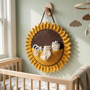 May include: A round, crocheted sunflower wall organizer featuring a dark brown center and bright yellow petals. It includes a mustard yellow pocket holding a pair of cream-colored baby socks, a light blue teething ring, a pacifier, and a metal tin.