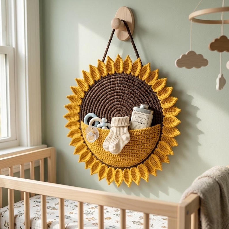 May include: A round, crocheted sunflower wall organizer featuring a dark brown center and bright yellow petals. It includes a mustard yellow pocket holding a pair of cream-colored baby socks, a light blue teething ring, a pacifier, and a metal tin.