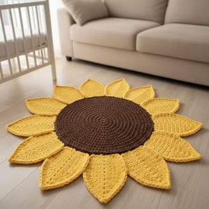 May include: A handmade crochet sunflower rug with a brown center and yellow petals. The rug is circular and placed on a light-colored wooden floor. The rug's design resembles a sunflower, adding a touch of nature to the room.