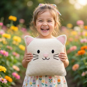 Peut inclure: Un coussin en forme de chat, crochet&eacute; en cr&egrave;me, avec des accents roses et des traits noirs. Le coussin est tenu par un enfant souriant dans une robe &agrave; fleurs, sur fond de fleurs color&eacute;es.