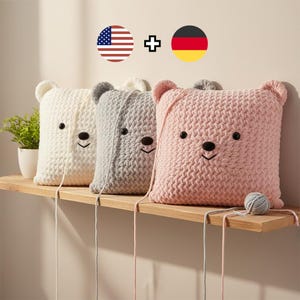 Molde de crochê para almofada de urso em PDF, molde para almofada de urso em crochê, decoração de quarto de bebê em pelúcia chenille, molde de crochê de ursinho de pelúcia, download instantâneo