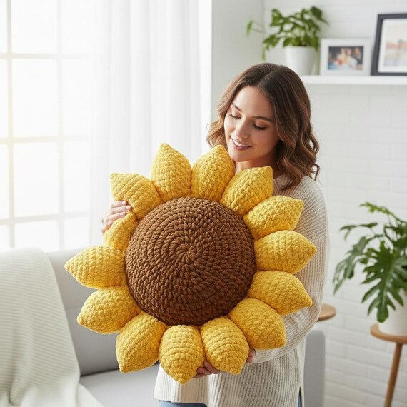Sunflower Pillow Crochet Pattern PDF, Large Plush Flower Cushion, Chunky Chenille Yarn Home Decor, Amigurumi Cushion |Easy Beginner Friendly