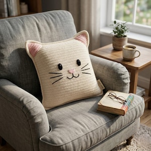 Peut inclure: Coussin en crochet cr&egrave;me en forme de chat, avec des oreilles roses, des yeux noirs et des moustaches. Il est pos&eacute; sur un fauteuil gris. Un livre et des lunettes sont sur la chaise, avec une petite table et une tasse de caf&eacute; en arri&egrave;re-plan.