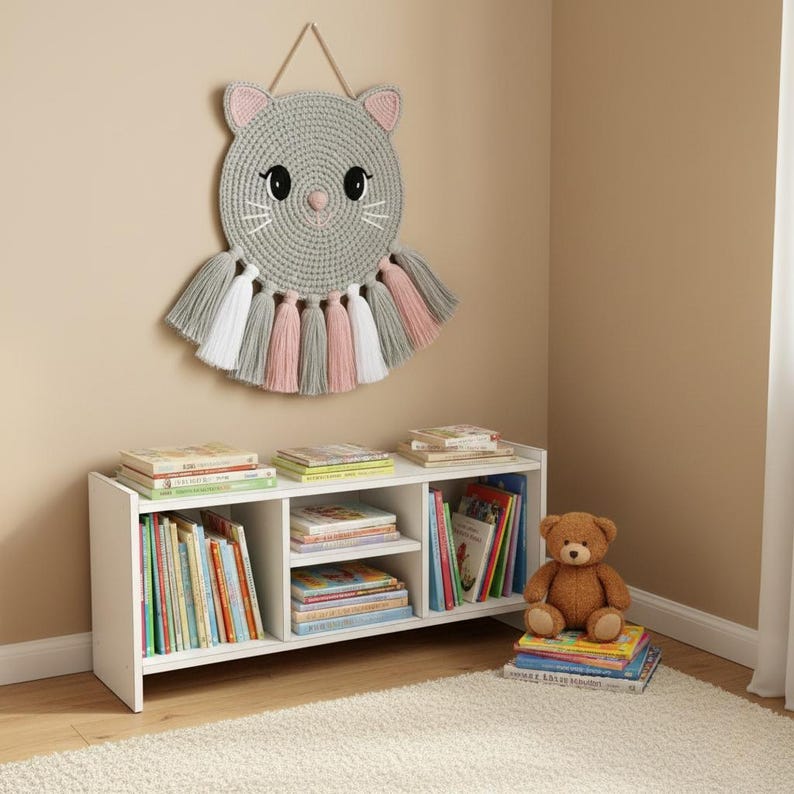 May include: A grey crochet cat wall hanging with pink and white tassels hangs above a white bookshelf filled with books. A brown teddy bear sits on a stack of books. The room has a neutral colour palette.