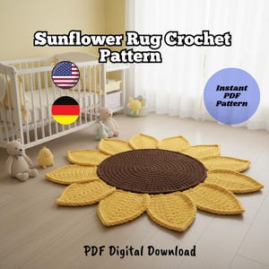 May include: A handmade crochet sunflower rug with a brown center and yellow petals. The rug is on a light-colored wooden floor. The text "Sunflower Rug Crochet Pattern" and "PDF Digital Download" are visible.