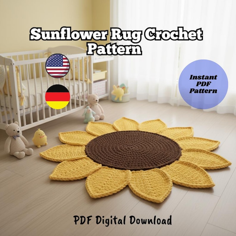May include: A handmade crochet sunflower rug with a brown center and yellow petals. The rug is on a light-colored wooden floor. The text "Sunflower Rug Crochet Pattern" and "PDF Digital Download" are visible.