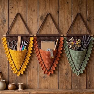 Pode incluir: Três organizadores de parede triangulares feitos de tecido de crochê castanho escuro. Cada um apresenta um bolso central em amarelo, laranja ou verde sálvia, rodeado por detalhes de crochê em forma de folha. Contêm tesouras, réguas, canetas e flores secas.