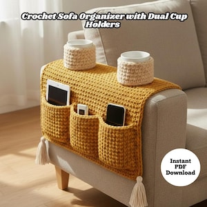 Patrón de crochet para organizador de sofá, organizador de sofá con dos portavasos, patrón de crochet para organizador de sofá, organizador de reposabrazos para sofá (PDF)