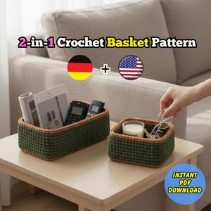 Patrón de cesta de crochet en PDF: cestas de almacenaje cuadradas y rectangulares, organizador ideal para principiantes, decoración moderna para el hogar, descarga instantánea * EN/DE