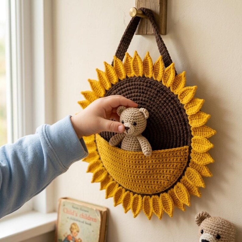 Sunflower Wall Organizer Crochet Pattern PDF, Hanging Storage Pocket, Boho Home Decor, Nursery Organizer, Crochet Gift, Easy DIY Pattern image 10