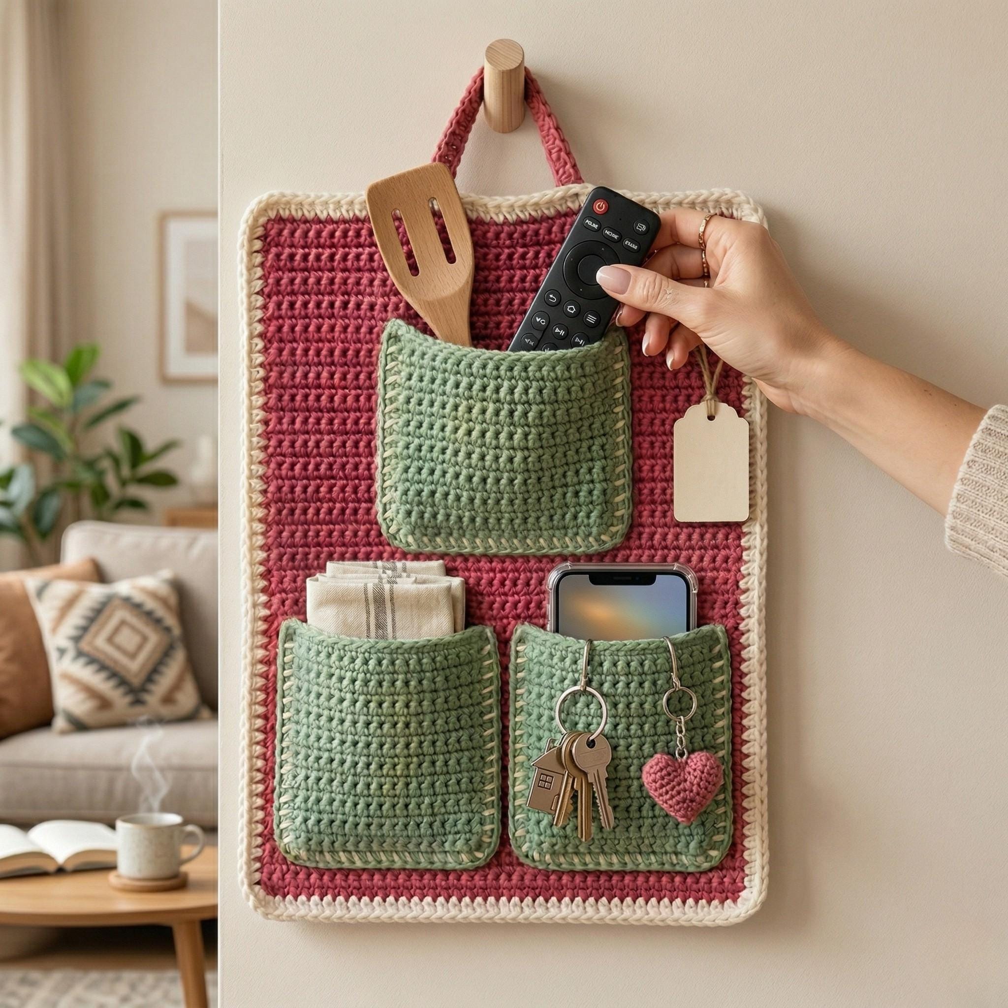 Crochet Wall Hanging Organizer Pattern PDF, 3 Pocket Storage Organizer ...