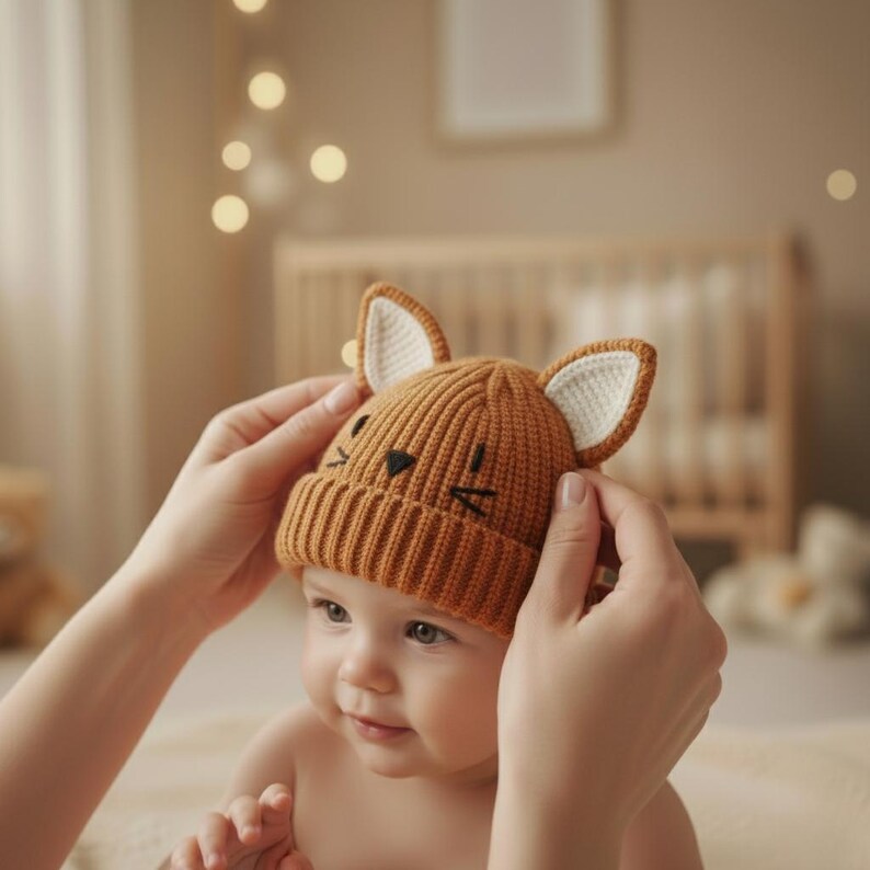 Pode incluir: Um chap&eacute;u de beb&ecirc; de malha em uma cor marrom quente, com orelhas de raposa com detalhes internos brancos e tra&ccedil;os faciais bordados. O chap&eacute;u est&aacute; sendo gentilmente colocado na cabe&ccedil;a de um beb&ecirc;. O fundo &eacute; suavemente iluminado com tons quentes.