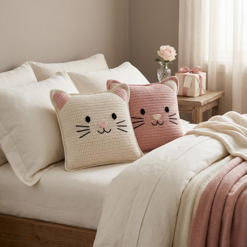 Peut inclure: Deux coussins carr&eacute;s en forme de chat sur un lit. L'un est cr&egrave;me avec des accents roses, l'autre est rose. Les deux ont des moustaches, des yeux et un nez noirs brod&eacute;s. Les coussins sont sur un lit avec des draps blancs et une couverture rose.