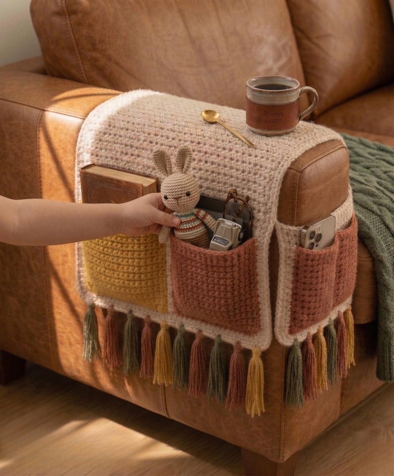 K&ouml;nnte beinhalten: Ein geh&auml;kelter Sofalehnen-Organizer in Beige, Gelb und Rostt&ouml;nen. Er hat mehrere Taschen zur Aufbewahrung, eine Quastenfranse und einen kleinen Stoffhasen. Eine Tasse und ein L&ouml;ffel liegen obenauf.