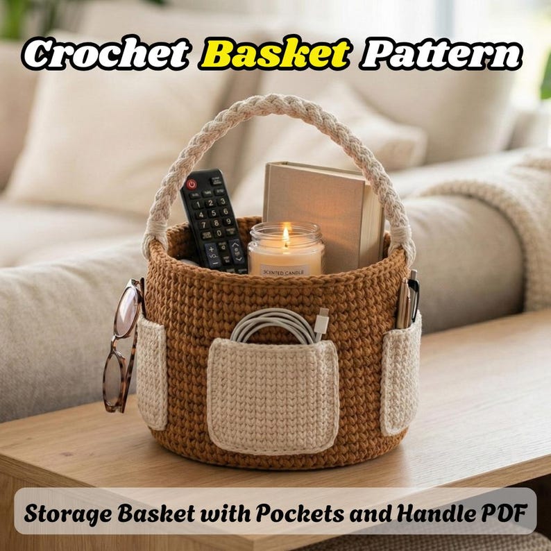 Crochet Basket Pattern | Storage Basket With Pockets and Handle PDF ...