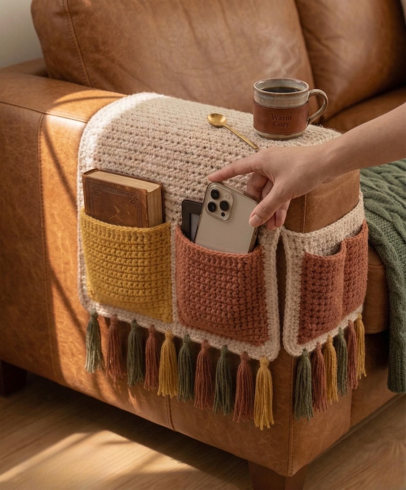 Gehäkelter Sofa Organizer Muster, Sofa Arm Organizer PDF, Couch Aufbewahrungstasche, Fernbedienungshalter, gehäkelte Wohnkultur, einfaches modernes Muster Bild 7