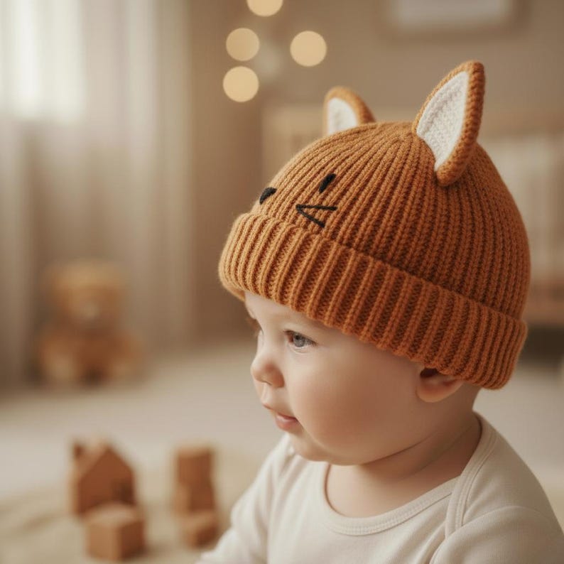 Pode incluir: Um beb&eacute; a usar um gorro de malha laranja com orelhas de raposa e tra&ccedil;os faciais bordados. O chap&eacute;u tem uma textura canelada e um forro branco nas orelhas. O beb&eacute; est&aacute; a usar um body branco.