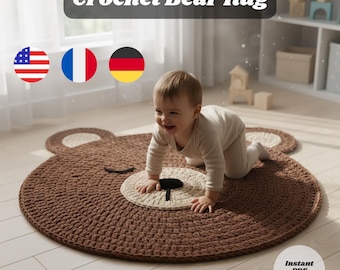 Modèle PDF de tapis en forme d'ours au crochet – Tapis au crochet pour chambre d'enfant, modèle de tapis pour chambre d'enfant, tutoriel de tapis en forme d'ours rond, anglais • allemand • français / Modèle PDF