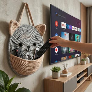 K&ouml;nnte beinhalten: Ein handgefertigter, katzenf&ouml;rmiger Wandorganizer aus H&auml;kelarbeit in Grau und Beige. Er hat eine Tasche zur Aufbewahrung, schwarze Knopfaugen, eine gestickte Nase und Schnurrhaare sowie beige Ohren. Er h&auml;ngt an einer Wand in der N&auml;he eines Fernsehers und enth&auml;lt Fernbedienungen und ein Telefon.