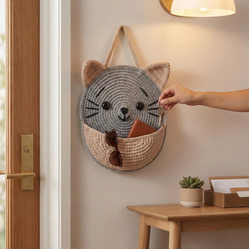 K&ouml;nnte beinhalten: Ein geh&auml;kelter Wandorganizer in Katzenform in Grau und Beige mit einer Tasche zur Aufbewahrung. Die Katze hat schwarze Schnurrhaare und Augen sowie beige Ohren. Eine Person legt Schl&uuml;ssel in die Tasche. Der Organizer h&auml;ngt an einer Wand.