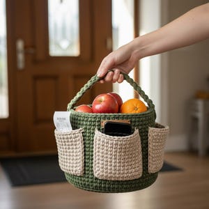 May include: A green crocheted tote bag with three beige pockets, filled with red apples, an orange, and a receipt. The bag is held by a person's hand. The bag has a braided handle.