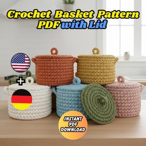 Patrón de cesta de crochet en PDF con tapa y asas / Cesta de almacenamiento moderna, Patrón de crochet para organizador doméstico para principiantes / Inglés, Alemán