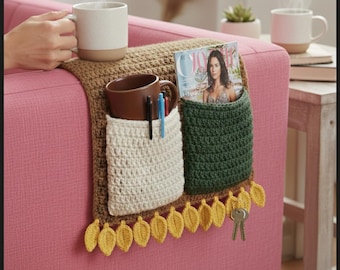 Patrón PDF de organizador de brazos de sofá a crochet: Organizador de reposabrazos de girasol con bolsillos, ideal para principiantes. Descarga el patrón PDF de crochet.