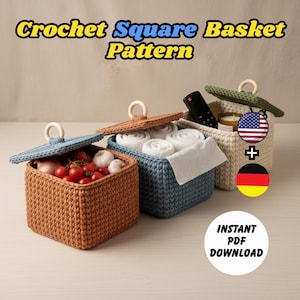 Crochet Square Basket Pattern PDF with Lid | Modern Storage Basket Tutorial | Beginner Friendly Crochet Basket Pattern Home Organization DIY