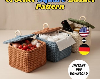 Crochet Square Basket Pattern PDF with Lid | Modern Storage Basket Tutorial | Beginner Friendly Crochet Basket Pattern Home Organization DIY