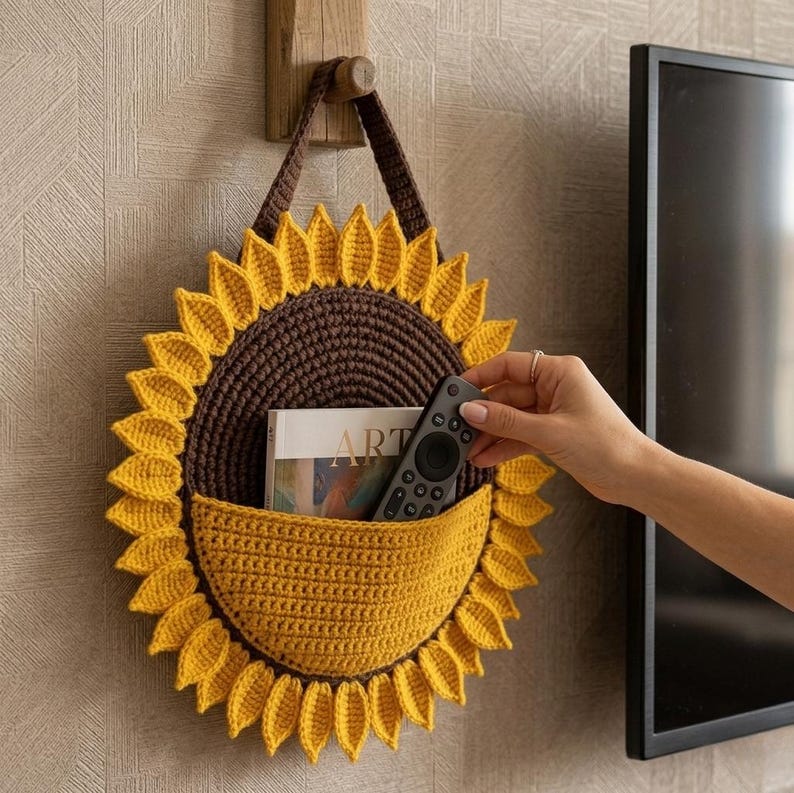 May include: A round, crocheted sunflower wall organizer featuring a dark brown center and bright yellow petals. It includes a yellow pocket containing a book titled ART and a black remote control, suspended by a brown crocheted strap.