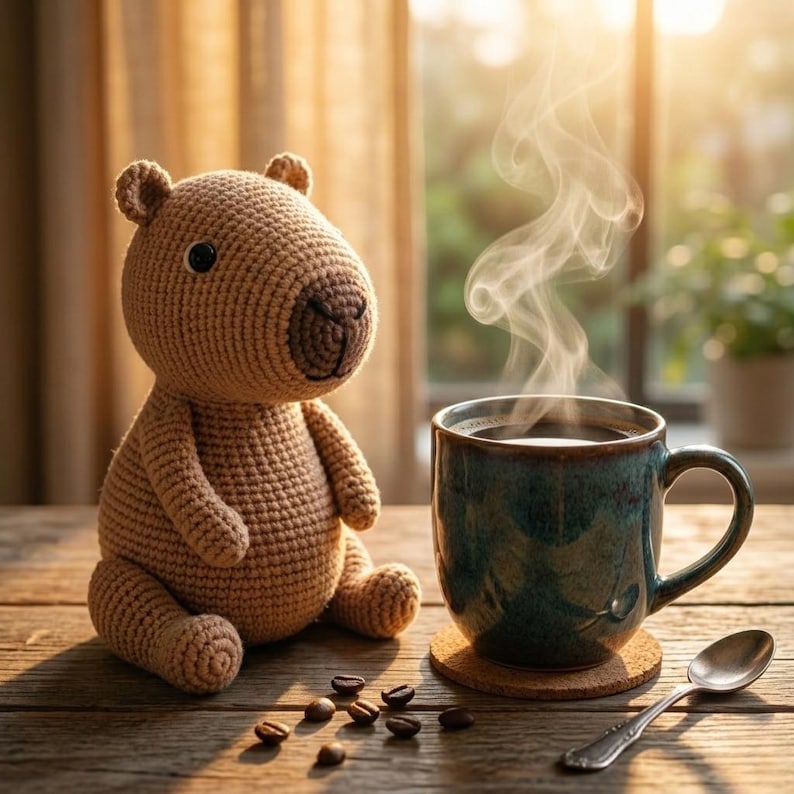 Pu&ograve; includere: Un orsetto marrone all'uncinetto &egrave; seduto accanto a una tazza blu fumante di caff&egrave; su un tavolo di legno. Chicchi di caff&egrave; e un cucchiaio sono anche sul tavolo. La scena &egrave; illuminata dalla luce del sole, creando un'atmosfera accogliente e calda.