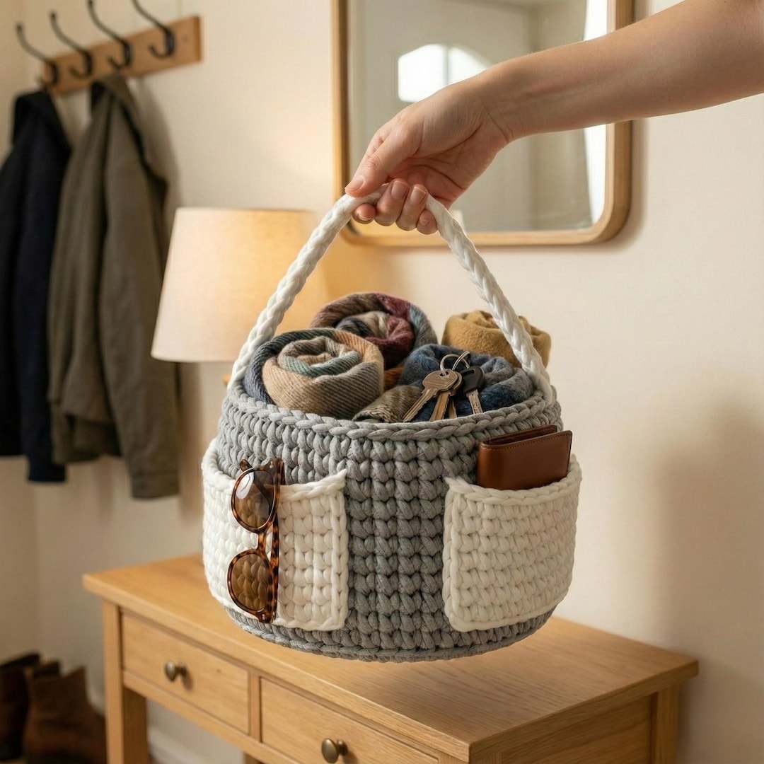 Crochet Basket Organizer Pattern PDF – Storage Basket With Pockets ...