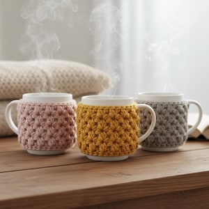May include: Three white ceramic mugs with steam rising from them, each adorned with a crocheted cozy. The cozies are in shades of pink, mustard yellow, and gray. The mugs sit on a wooden surface.