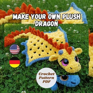 May include: A handmade crochet dragon toy in yellow, blue, and orange. The image features the text "MAKE YOUR OWN PLUSH DRAGON" and "Crochet Pattern PDF". The dragon has large, detailed eyes and a friendly expression.