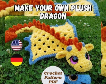 Crochet Dragon Lovey Pattern – Amigurumi Dragon Blanket PDF – Granny Square Baby Lovey | English & German Tutorial / dragon crochet pattern