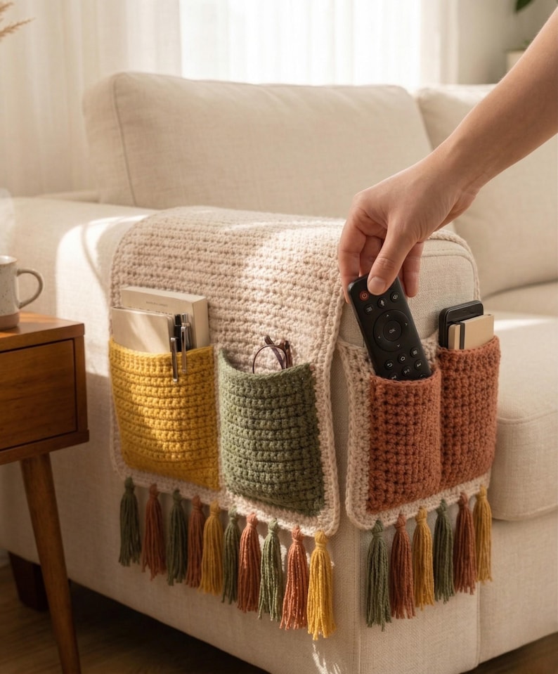 Gehäkelter Sofa Organizer Muster, Sofa Arm Organizer PDF, Couch Aufbewahrungstasche, Fernbedienungshalter, gehäkelte Wohnkultur, einfaches modernes Muster Bild 10