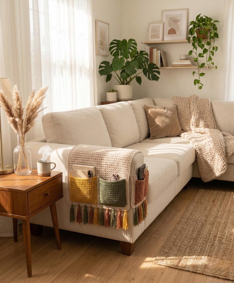 K&ouml;nnte beinhalten: Beiges Ecksofa mit einem geh&auml;kelten Armlehnen-Organizer. Der Organizer hat drei Taschen in Gelb, Gr&uuml;n und Rost, jede mit Quasten. Eine beige Decke und ein brauner Teppich sind ebenfalls zu sehen.
