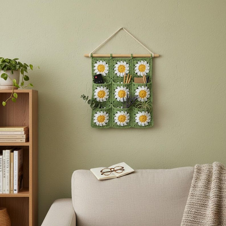 Daisy Crochet Wall Hanging Pattern PDF, Granny Square Organizer, Boho Wall Storage, Hanging Pocket Organizer Pattern, Instant Download PDF image 3