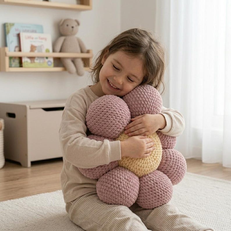 May include: A large, handmade flower-shaped pillow in shades of pink and yellow. The pillow is made of a soft, textured material and is being hugged by a person. The pillow has a round center and petal-like shapes around the edges.