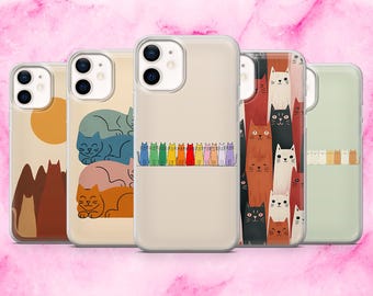 Cute Cat Phone Case Kawaii Kitty Minimal Cat Cover for iPhone 17, 16E, 15, 14, 13, 12 Samsung S25, S24Fe, A56, A16 Pixel 10Pro XL, 9A, 8A, 7
