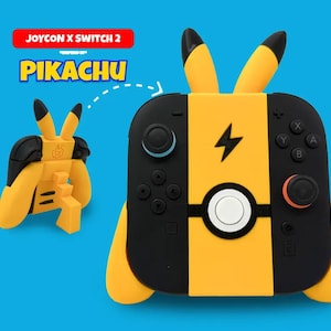 May include: A yellow and black Pikachu-themed Joycon controller for the Nintendo Switch. The controller features a lightning bolt design and Pikachu ears. The image also includes a smaller, matching controller accessory. Text on the image reads "JOYCON X SWITCH 2" and "PIKACHU".