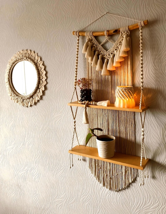 Boho-Wandregal | Doppelstöckiges Makramee-Regal | Aufbewahrungsregal | Handgefertigtes Geschenk zur Einweihungsparty