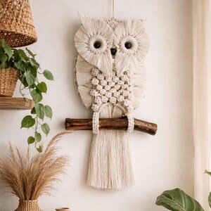 May include: A cream-colored macrame owl wall hanging. The owl features large, dark eyes, a textured body, and is perched on a wooden branch. The owl is suspended from a string, adding a touch of bohemian decor to any space.