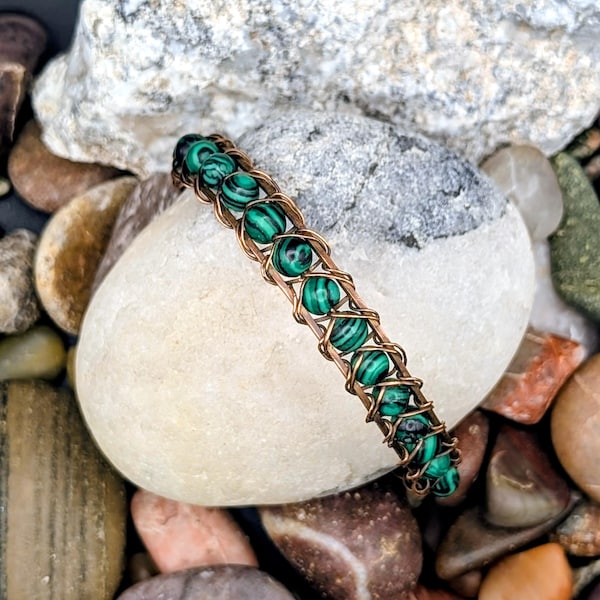 Copper wire wrapped malachite bangle bracelet
